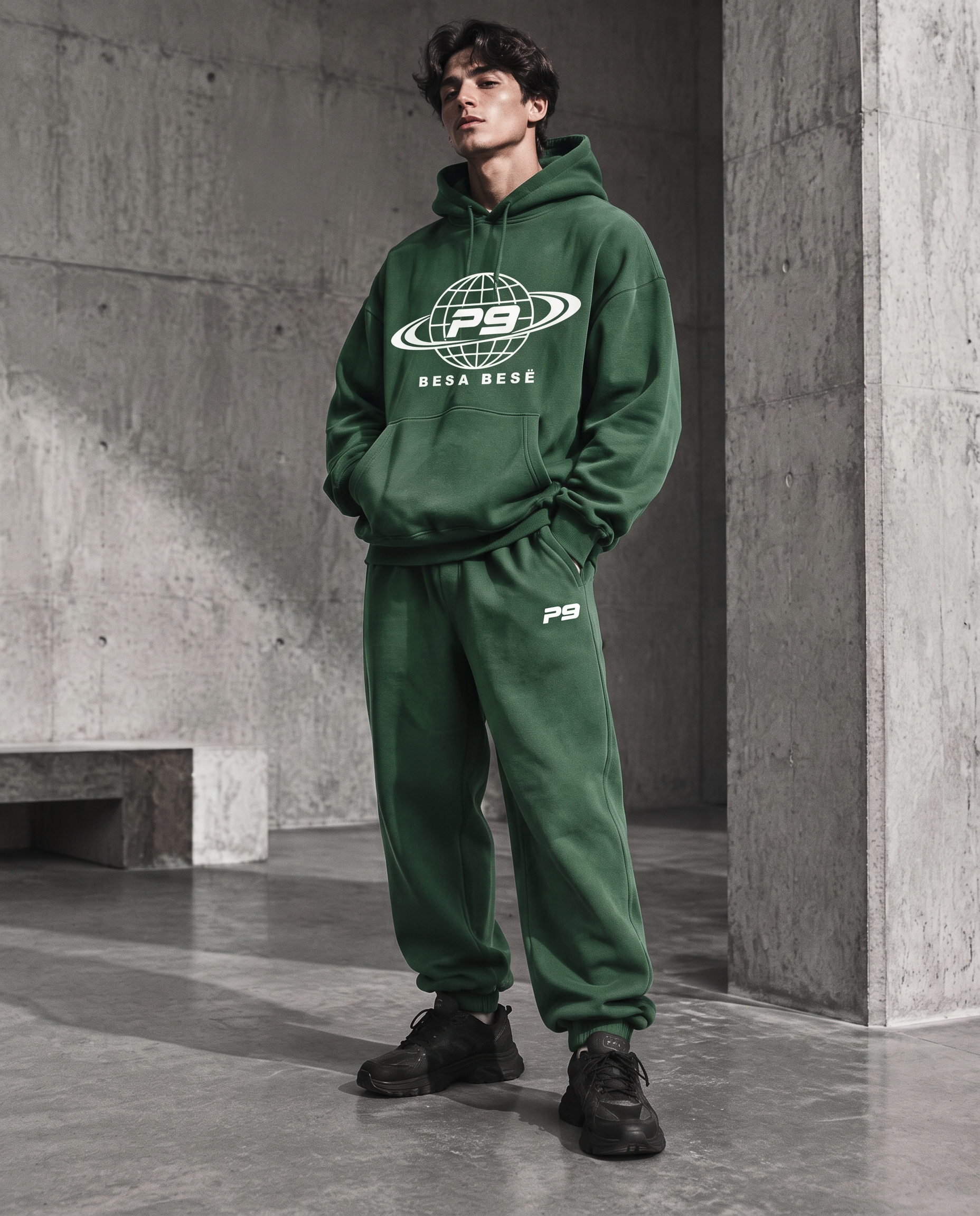 Grünes P9 Streetwear-Set in brutalistischer Architektur